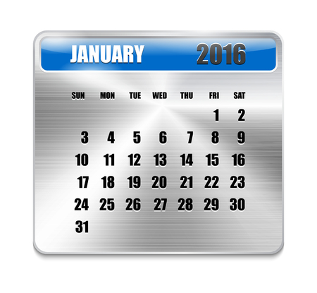 Monthly calendar for January 2016 on metallic plate, orange holidays. Can be used for business and office calendars, website design, prints etc. Vector Illustrationのイラスト素材