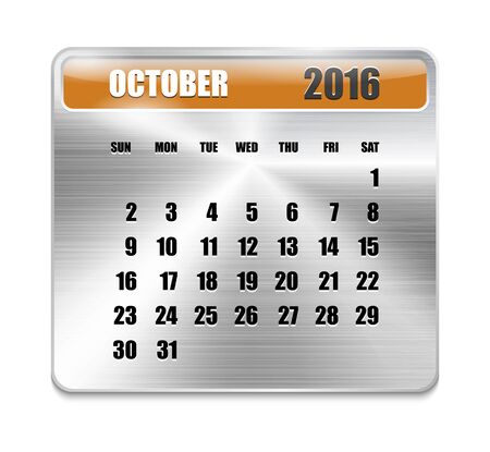 Monthly calendar for October 2016 on metallic plate, orange holidays. Can be used for business and office calendars, website design, prints etc. Vector Illustrationのイラスト素材