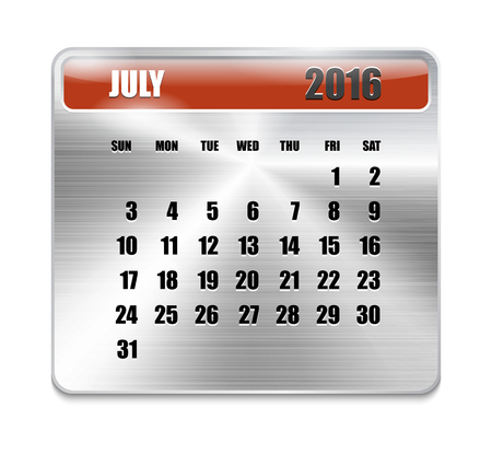 Monthly calendar for July 2016 on metallic plate, orange holidays. Can be used for business and office calendars, website design, prints etc. Vector Illustrationのイラスト素材