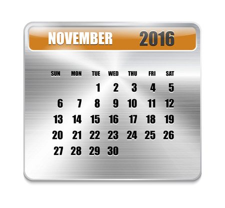 Monthly calendar for November 2016 on metallic plate, orange holidays. Can be used for business and office calendars, website design, prints etc. Vector Illustrationのイラスト素材