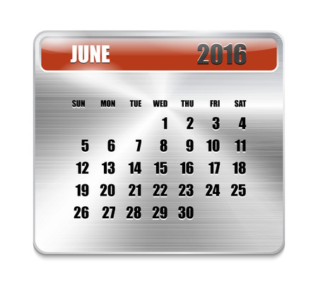 Monthly calendar for June 2016 on metallic plate, orange holidays. Can be used for business and office calendars, website design, prints etc. Vector Illustrationのイラスト素材