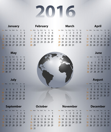 English business calendar for 2016 year with the world globe in a spot. Sundays first. Vector illustrationのイラスト素材