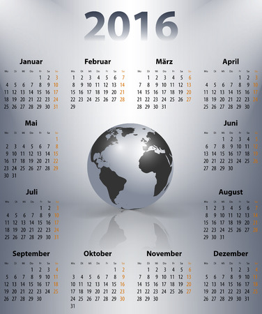 German business calendar for 2016 year with the world globe in a spot. Mondays first. Vector illustrationのイラスト素材