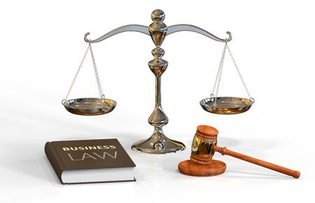 Illustration of legal attributes: gavel, scale and business law book on the white with shadowsの写真素材