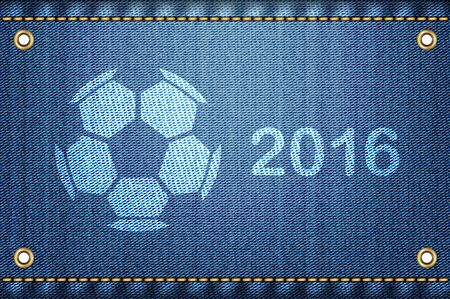 Soccer ball on blue jeans background. 2016 championship text and soccer ball on blue denim as a cool illustration.のイラスト素材