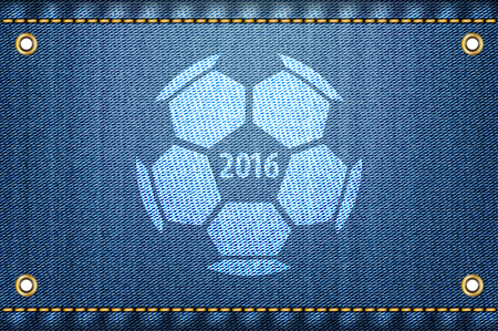 Soccer ball on blue jeans background. 2016 championship text and soccer ball on blue denim as a cool vector illustration.のイラスト素材