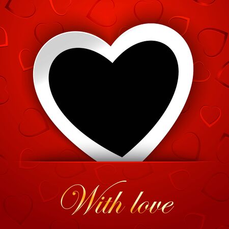 Love card template with blank photo frame heart shaped on the red hearts on background. Heart white frame and heart black template.のイラスト素材