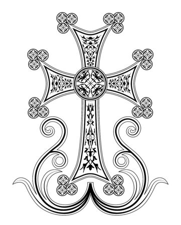 Traditional Armenian Apostolic Church cross clip art. Cross with ornaments and blossomed branches. Beautiful cross illustration.のイラスト素材