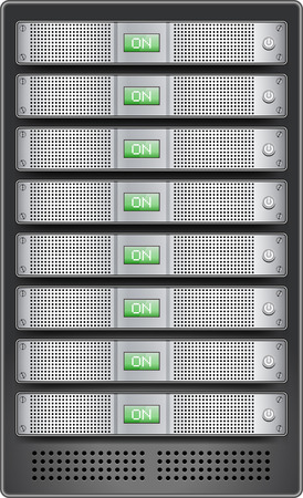 Servers in installed in rack. 1U size servers with ON displayed on monitor and inserted in server rack.のイラスト素材