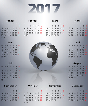 German business calendar for 2017 year with the world globe in a spot lights. Best calendar for print, business and web design use. Poster format calendar. Mondays first.のイラスト素材