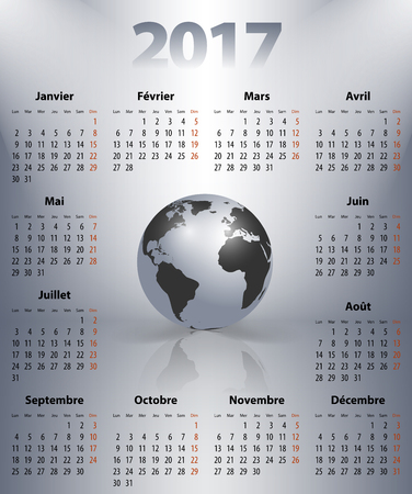 French business calendar for 2017 year with the world globe in a spot lights. Best calendar for print, business and web design use. Poster format calendar. Mondays first.のイラスト素材