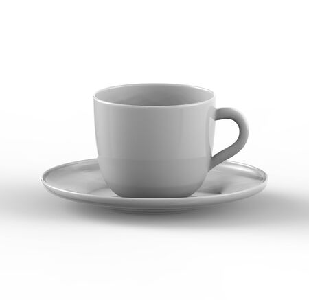 Mockup of coffee or tea cup on plate. Three dimensional render of coffee and tea glass mugshot. Mock up can be used for placing signs and symbols or any corporate identity on a blank area. Realistic Three dimennsional illustrationの写真素材
