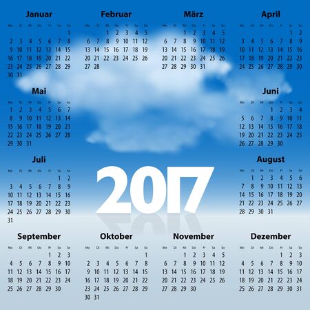 German Calendar for 2017 year with clouds in the blue sky. Best for print, web design and presentation. Copy space on clouds for any message, text or sign. Mondays first.のイラスト素材