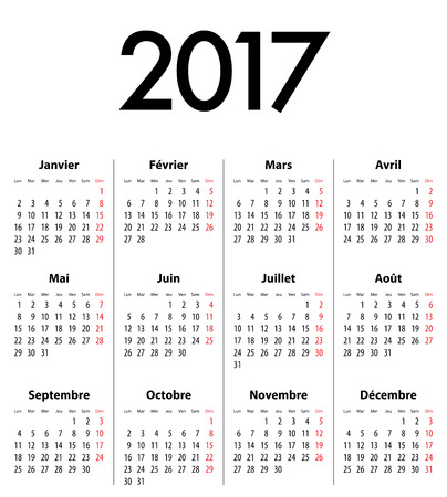 French Calendar grid for 2017 year. Best for calendar print, business, web design, office needs and presentations. Mondays first.のイラスト素材