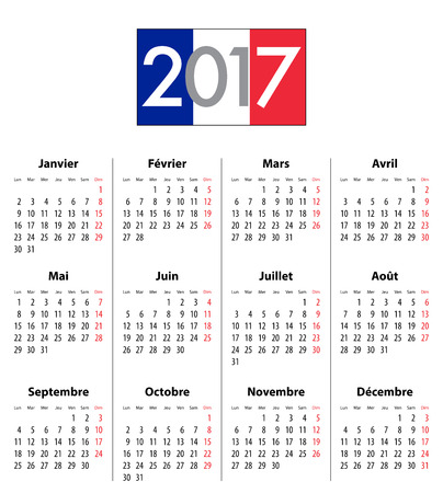 French Calendar grid for 2017 year. Flag colors under 2017 digits. Best for calendar print, business, web design, office needs and presentations. Mondays first. Vector illustrationのイラスト素材