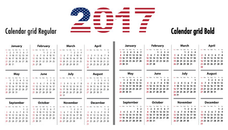 Calendar grid for 2017 with USA flag colors on 2017. Sundays first. Regular and bold digits grid. Best for business and office needs, web design, presentations and prints. Sundays first. Vector illustrationのイラスト素材