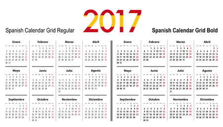 Calendar grid for 2017 with Spain flag colors on 2017. Mondays first. Regular and bold digits grid. Best for business and office needs, web design, presentations and prints. Vector illustrationのイラスト素材