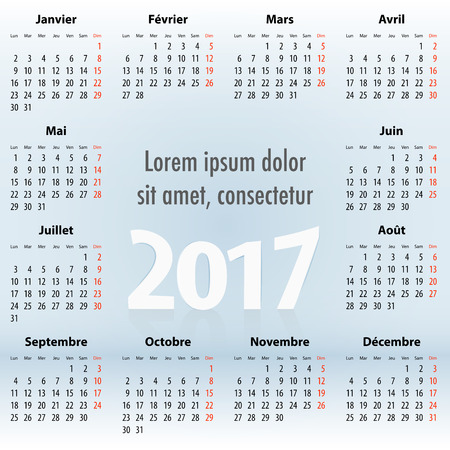French Calendar for 2017 year on blue background. Mondays first. For web, print and presentations. Vector illustrationのイラスト素材
