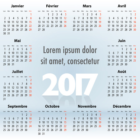 French Calendar for 2017 year on blue background. Mondays first. For web, print and presentations. Vector illustrationのイラスト素材