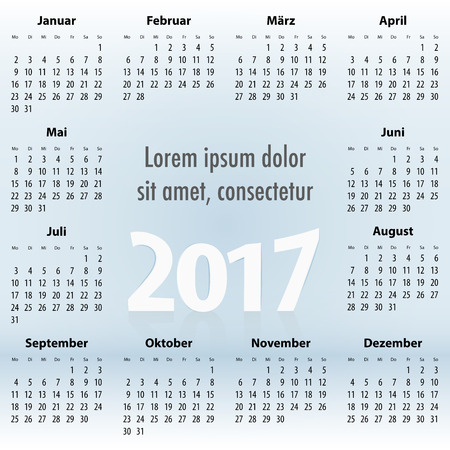 German Calendar for 2017 year on the blue sky background. Best for print, web design and presentation. Copy space on clouds for any message, text or sign. Mondays first. Vector illustrationのイラスト素材