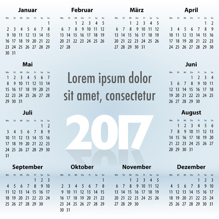 German Calendar for 2017 year on the blue sky background. Best for print, web design and presentation. Copy space on clouds for any message, text or sign. Mondays first. Vector illustrationのイラスト素材