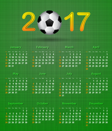 Soccer calendar for 2017 on green linen texture like soccer field. Sport theme English calendar grid for business, sport, print, web and presentations. Sundays first. Vector illustrationのイラスト素材