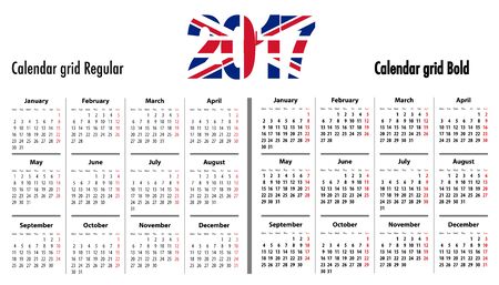 Calendar grid for 2017 with United Kingdom flag colors on 2017. Mondays first. Regular and bold digits grid. Best for business and office needs, web design, presentations and prints. Vector illustrationのイラスト素材