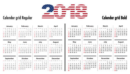 Calendar grid for 2018 with USA flag colors on 2018 digits.のイラスト素材