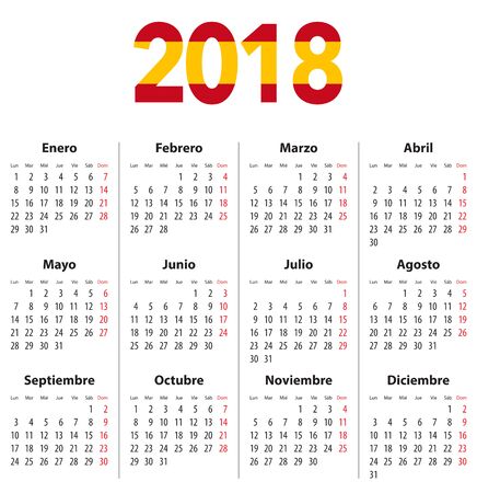 Spanish Calendar for 2018 and flag colors on 2018 digits. Mondays first. Calendar grid for print, web design, presentation, business or office uses. Vector illustrationのイラスト素材