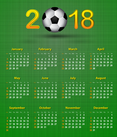Soccer English calendar for 2018 on green linen texture. Football theme. Vector illustrationのイラスト素材