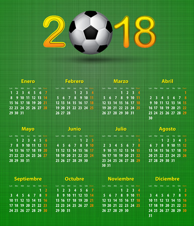 Soccer Spanish calendar for 2018 on green linen texture. Football theme. Vector illustrationのイラスト素材