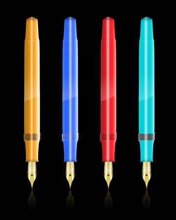 Colorful fountain pens isolated on black background.のイラスト素材