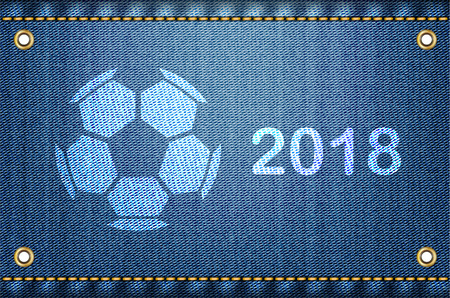 Soccer ball on blue jeans background. 2018 championship text and soccer ball on blue denim as a cool vector illustration.のイラスト素材