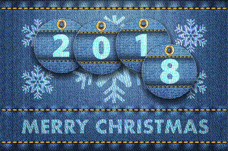 2018 year digits and Merry Christmas greetings on blue jeans background. Vector illustrationのイラスト素材