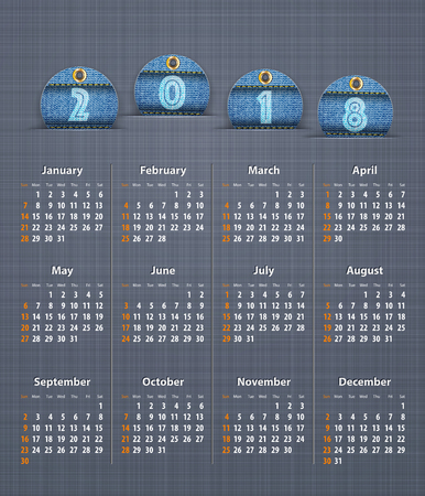 Stylish calendar for 2018 on linen texture with jeans tags. Vector illustrationのイラスト素材