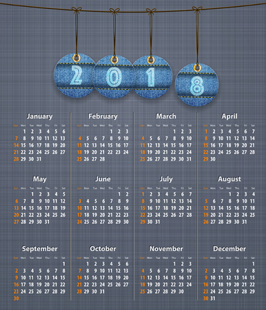 Stylish English calendar for 2018 on linen texture with jeans tags hung on thread. Vector illustrationのイラスト素材