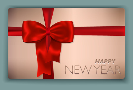 Contemporary solid Happy New Year card with red bow and red ribbon. Vector illustration.のイラスト素材