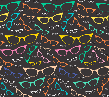 Colorful seamless eyeglasses pattern on dark background, glasses texture. Vector illustrationのイラスト素材
