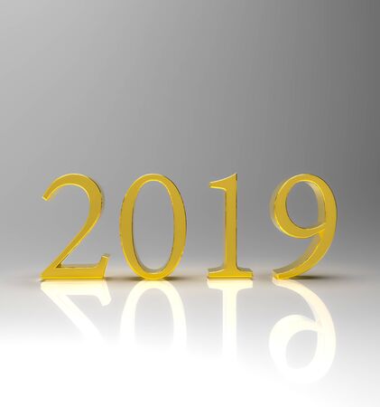 Gold numbers 2019 with reflection and shadowsの写真素材