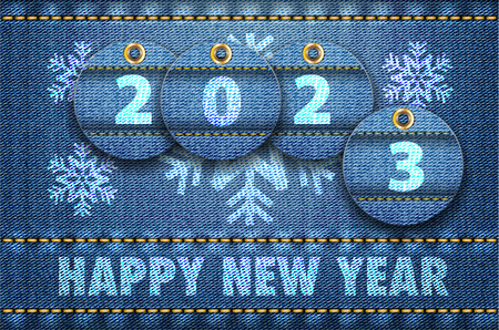 2023 year digits and Happy New Year greetings on blue jeans background. Vector illustrationのイラスト素材
