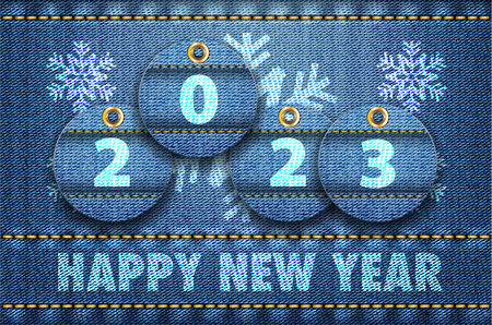2023 year digits and Happy New Year greetings on blue jeans background. Vector illustrationのイラスト素材