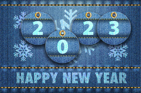 2023 year digits and Happy New Year greetings on blue jeans background. Vector illustrationのイラスト素材