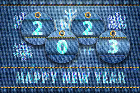 2023 year digits and Happy New Year greetings on blue jeans background. Vector illustrationのイラスト素材