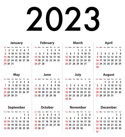 English Calendar grid for 2023 with bold digits. Best for calendar print, business, web design, office needs. Sundays first. Vectorのイラスト素材