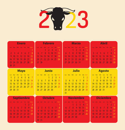 Spanish calendar for whole 2023 with bull head and national flag colors of Spain. Vector illustrationのイラスト素材
