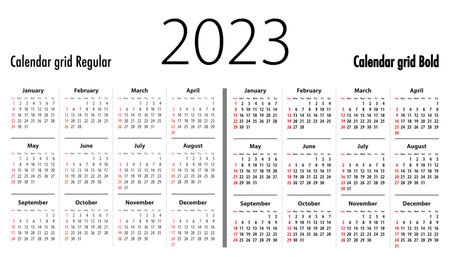 Calendar grid for 2023. Sundays first. Regular and bold digits grid. For business and office needs, web design, presentations and prints. Vector illustrationのイラスト素材