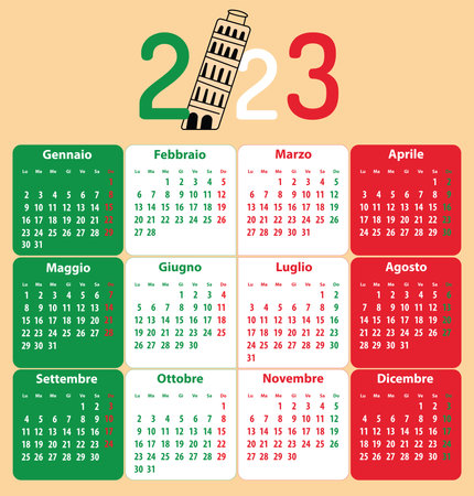 Italian calendar for whole 2023 with Pisa leaning tower and national flag colors of Italia. Vector illustrationのイラスト素材