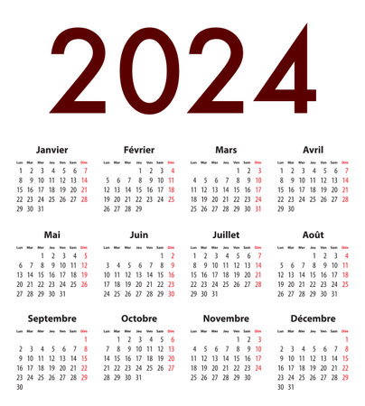 French Calendar grid regular digits for 2024. Best for calendar print, business, web design, office needs and presentations. Mondays first. Vector illustrationのイラスト素材