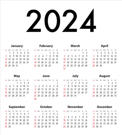 English Calendar grid for 2024. Best for calendar print, business, web design, office needs and presentations. Sundays first. Vector illustrationのイラスト素材