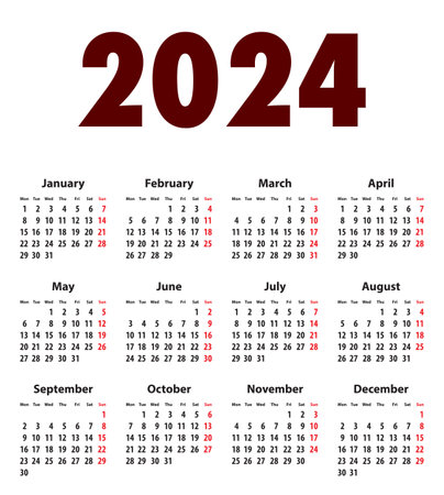 English Calendar grid bold digits for 2024. Best for calendar print, business, web design, office needs and presentations. Mondays first. Vector illustrationのイラスト素材